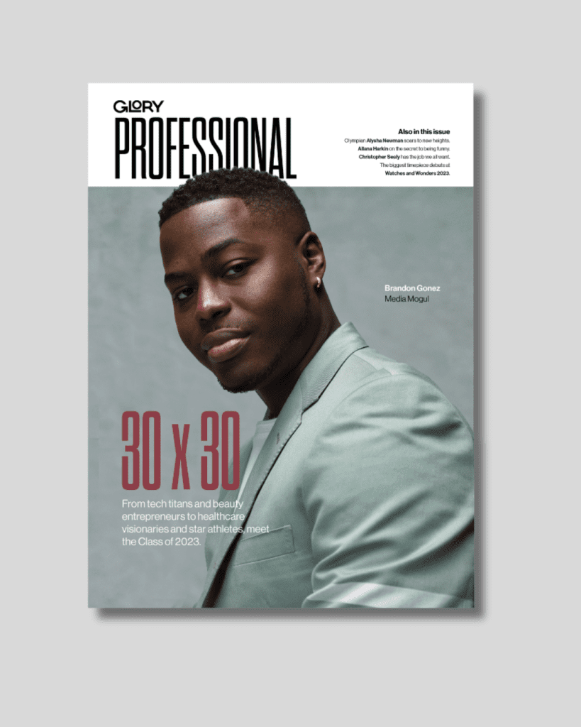 Magazine cover on a grey background featuring a portrait of a man looking into the camera wearing a light green blazer and 30X30 in text.