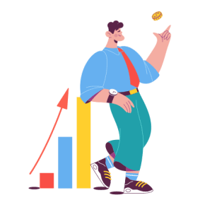 Illustration of an employee flipping a coin beside a bar graph.