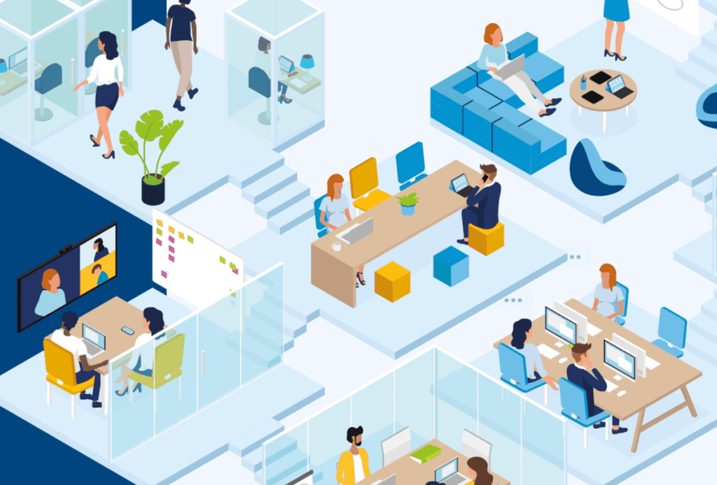 Illustration of a traditional in-person office setting.