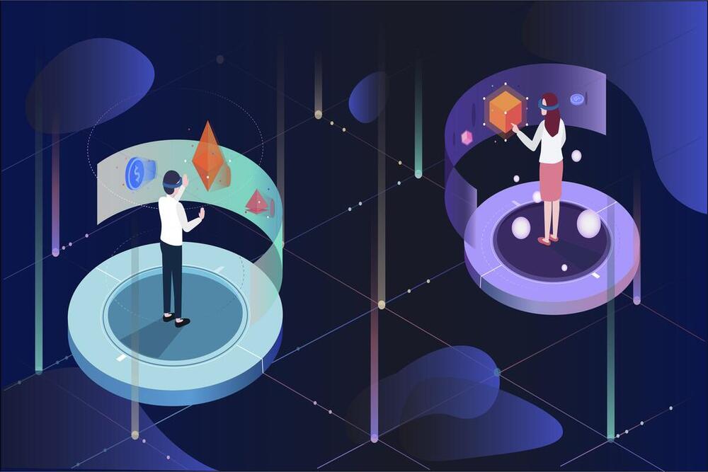 Illustration of two individuals connecting through the Metaverse