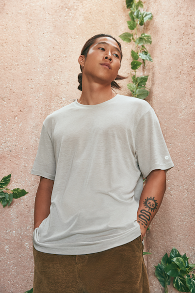Photo of guy wearing Allbirds grey tee shirt