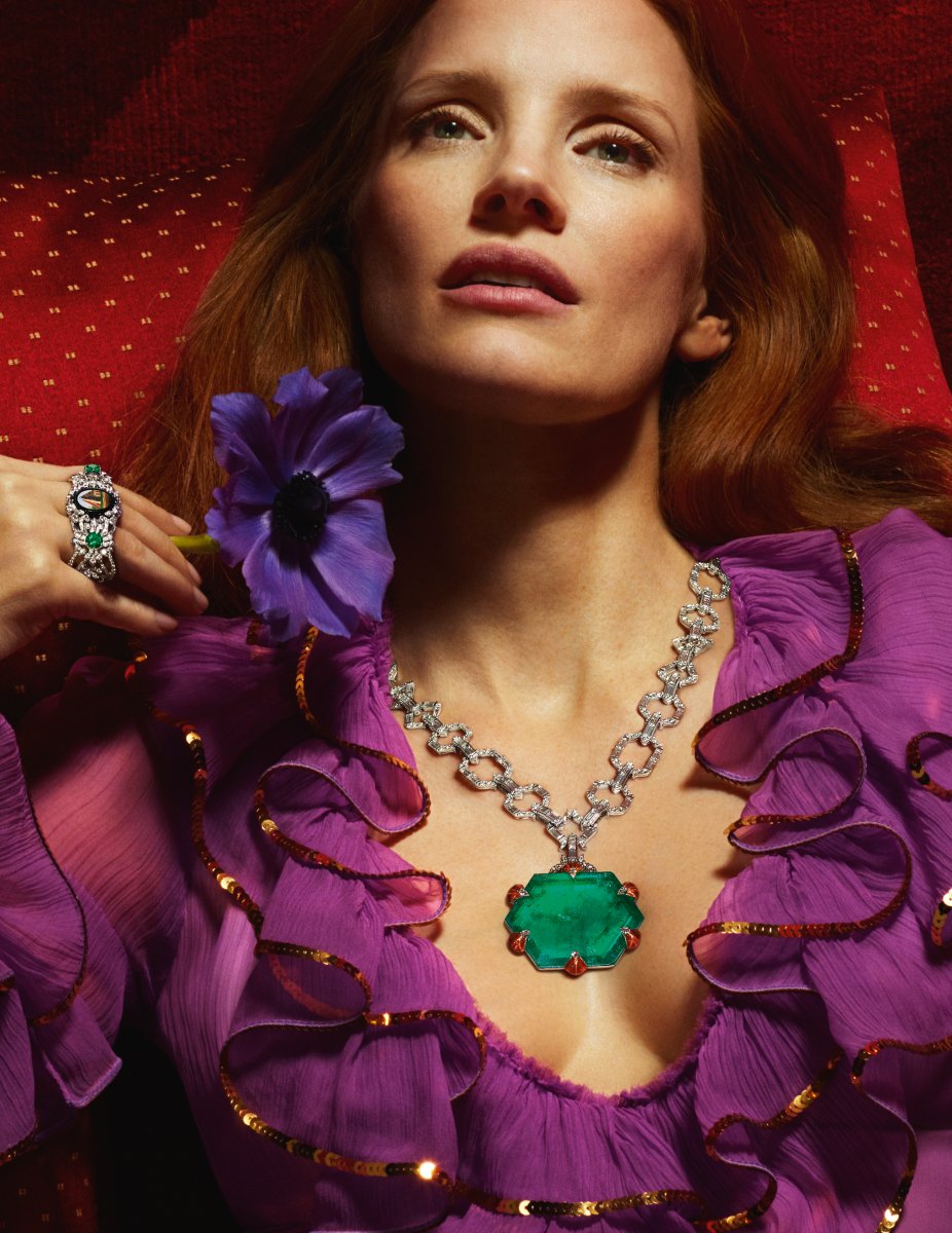 Actress Jessica Chastain poses in Gucci's new Hortus Deliciarum collection