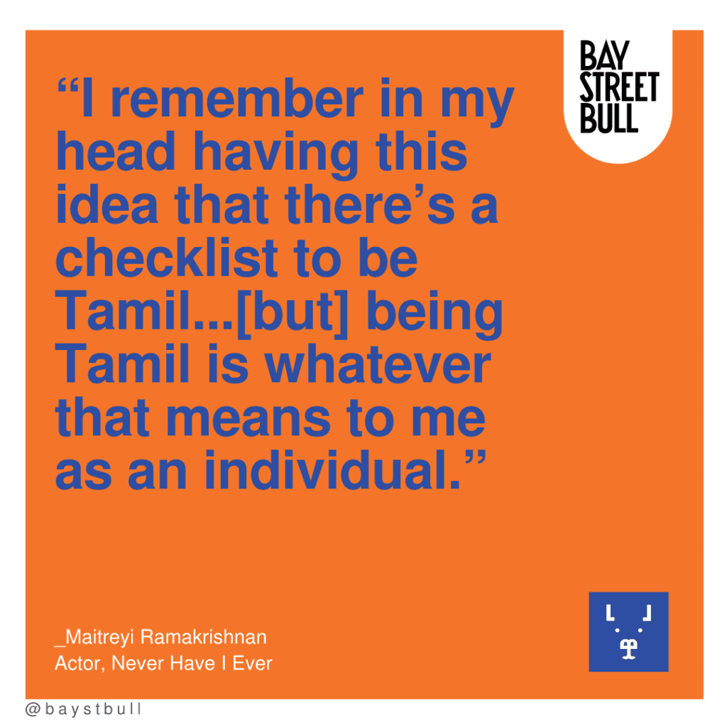 Maitreyi Ramakrishnan quote on orange background and blue writing