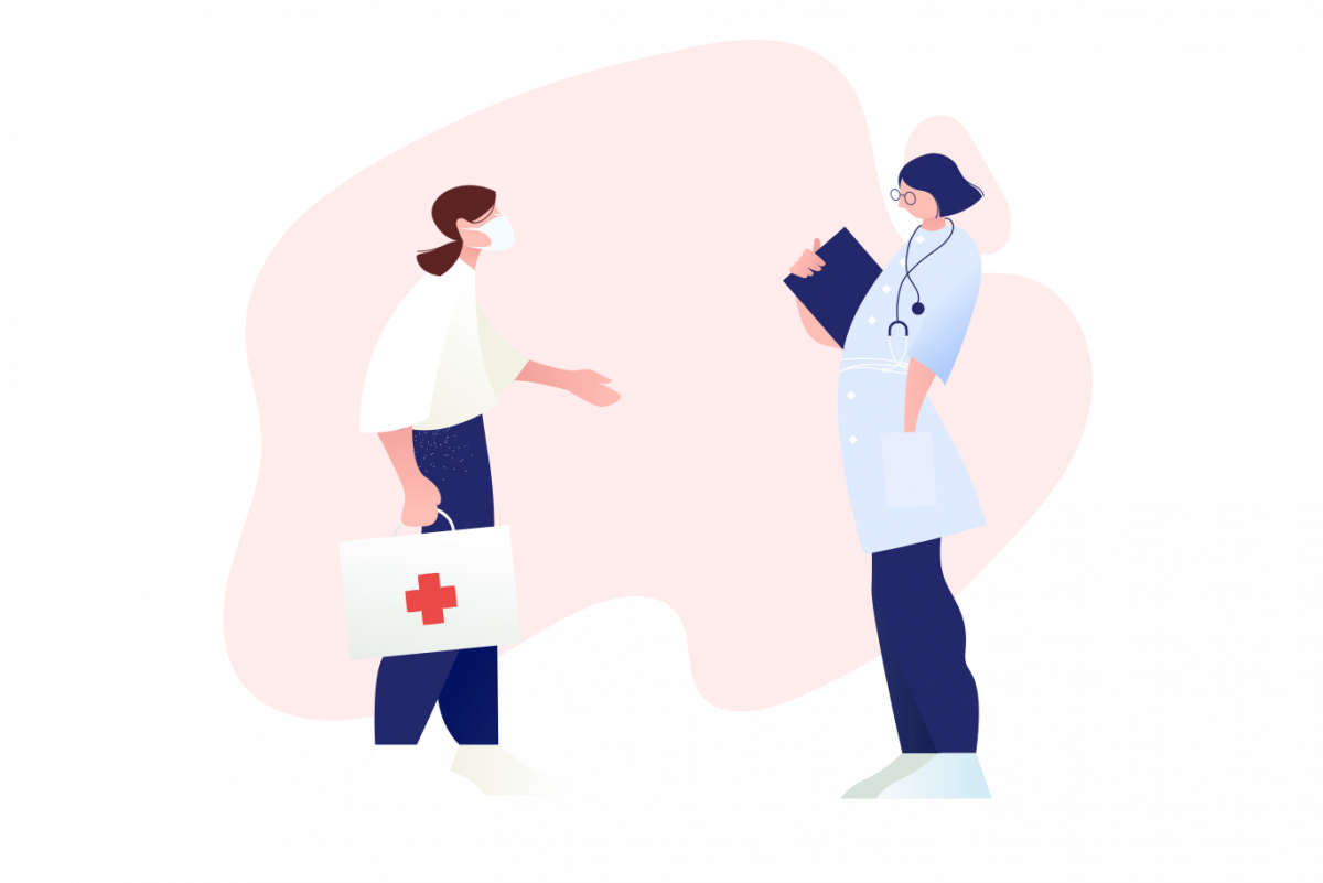 A graphic of two women doctors looking at each other