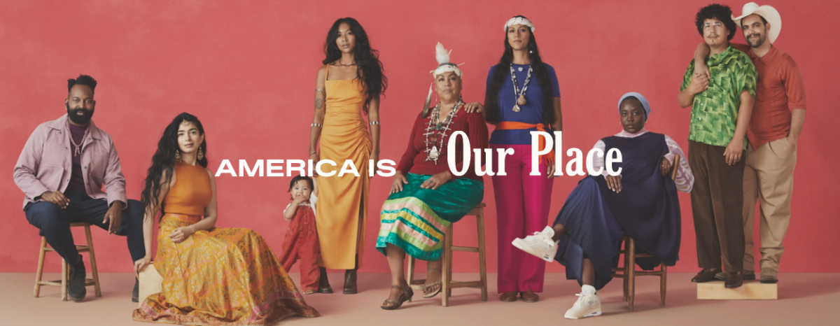 Shiza Shahid Our Place Billboard with people of different backgrounds against pink backdrop