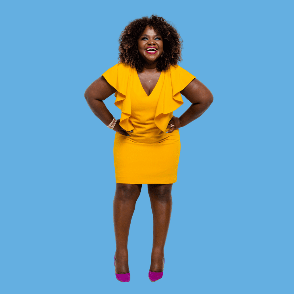 Vivian Kaye in yellow dress on blue background