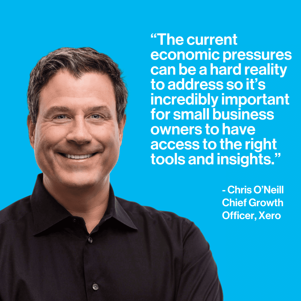 Man with short brown hair smiling and wearing a black polo. He is set against a vibrant blue background with a paragraph of text in quotes.